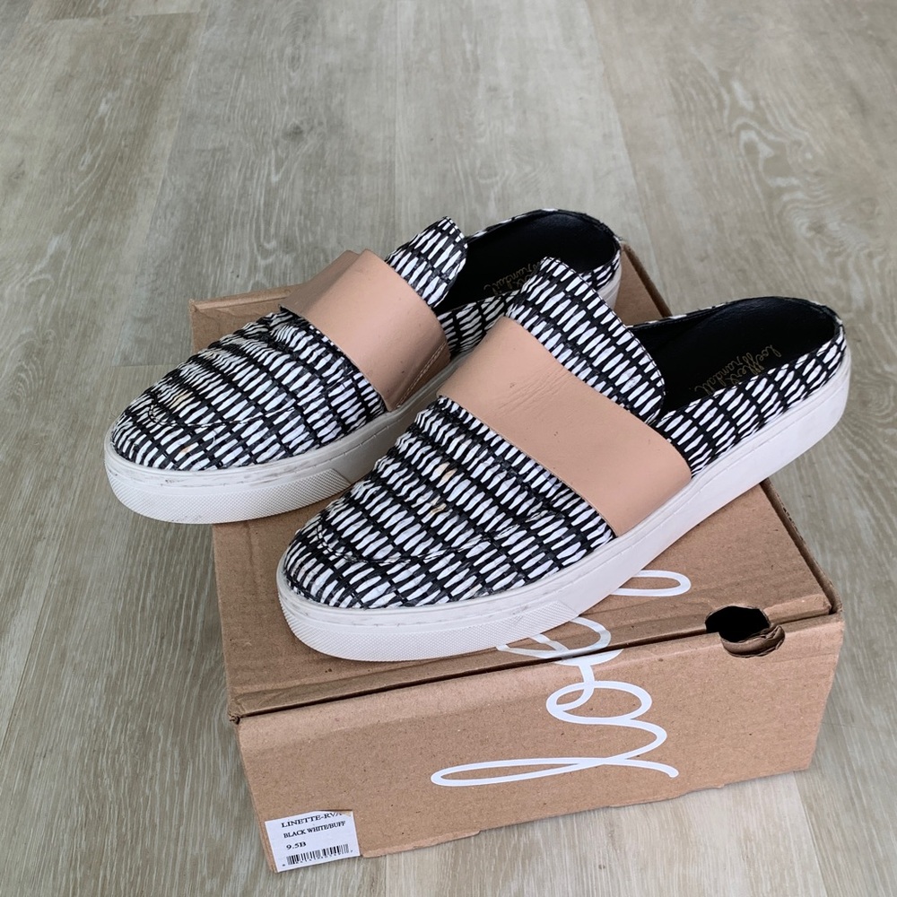 Loeffler Randall Linette-RVA. Black & White w/Tan strap Mules. Size 9.5B.